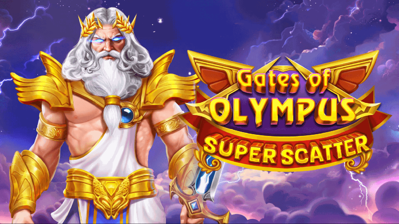 Gates of Olympus Super Scatter: Zeus mit goldener Krone vor violett-goldenem Himmel, golden gerahmtes 6x5-Walzenfeld mit grünem Globus, Münzsymbolen und Super-Scatter-Zeichen